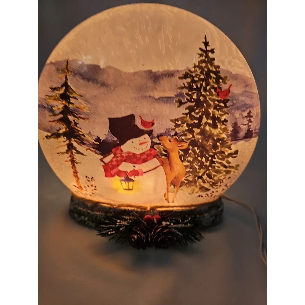 Lighted Frosted Glass Snowman Winter Scene Christmas Decor Deer Cardinals